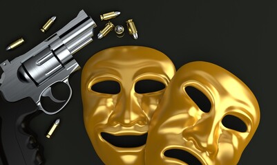 Poster - Theater Masks with gun and ammunition