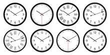 Set Of Pointer Wall Clocks With Black Frame And Hands. Flat Style Vector Illustration. Simple Classic Wall Clock With Arabic Numbers, With Roman Numerals And Without Numerals Isolated On White