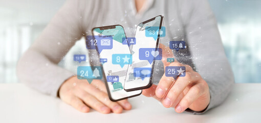 Wall Mural - businessman holding social network notifications - 3d rendering