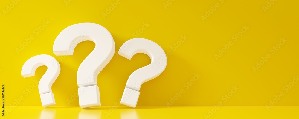 Three yellow question mark symbols leaning against yellow wall and floor room with copy space, question, faq or brainstorming concept - obrazy, fototapety, plakaty 