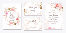Wedding Invitation Template Set With Peach And Brown Roses Flowers And Leaves Decoration. Botanic Card Design Concept
