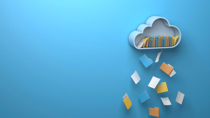 Cloud storage. A cloud of files and folders falling like rain. Copy space for text. 3d render