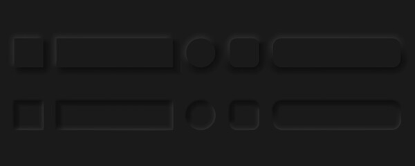 Vector editable neomorphic buttons set. Sliders for websites, mobile menu, navigation and apps. Simple elegant Neomorphism trendy 2020 designs element UI components isolated on black background