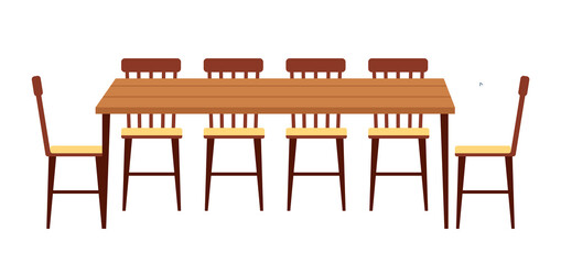 The dining room design flat vector illustration. Wooden dining table with chairs nearby. Furniture model made of wood for the interior of a room for eating. Arrangement of furniture at home