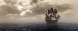 Pirate ship sailing on the ocean. Stormy clouds