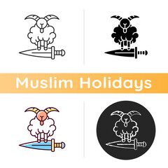 Wall Mural - Eid al Adha icon. Islamic holidays celebrated worldwide each year. Honouring willingness of ibrahim to sacrifice son ismael. Linear black and RGB color styles. Isolated vector illustrations