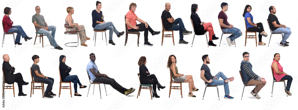 Group of people sitting on chair on white background - obrazy, fototapety, plakaty 