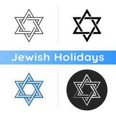 Wall Mural - David star icon. Judaism symbol. Central symbol on Israeli flag. Magen David. Six-pointed geometric star. Hexagram figure. Linear black and RGB color styles. Isolated vector illustrations