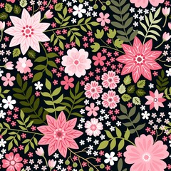 Wall Mural - Ditsy seamless pattern with pink flowers and green leaves on black background. Beautiful print for fabric, textile, wrapping paper