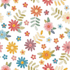Wall Mural - Embroidery seamless pattern with colorful flowers and leaves on white background. Summer print. Fashion design. Vector embroidered illustration.