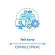 © IMG visuals icons - Tech savvy concept icon. Innovative technology specialist. Electronics expert. Virtual assistant skill idea thin line illustration. Vector isolated outline RGB color drawing. Editable stroke