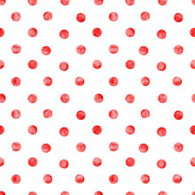 Polka Dot Red Watercolor Seamless Pattern. Abstract Watercolour Color Circles On White Background