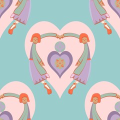 Wall Mural - Vector seamless pattern of ballet dancers around pink hearts on a pale blue background Ballerinas wear lilac and green tutus. Ideal for surface design or textile print