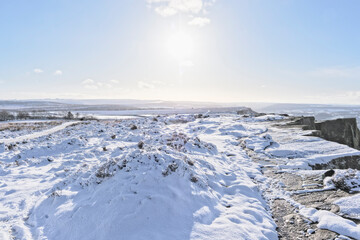 A balnket of snow lit by an early morning low sun in the Derbyshire Peak District.