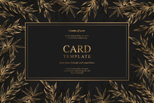 Vector Card Template With Hand Drawn Gold Leaves And Branches Frame Isolated On Black Background. Floral Elegant Design For Print, Invitation, Brochure, Card, Cover