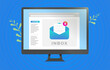 Email inbox message interface on the computer screen. Notification of new unread mails icon. E-mail communication software for business concept. Vector illustration with blue background.