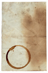 Old vintage paper with scratches and coffee stain texture isolated on white