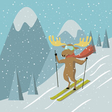 Winter Landscape With Skiing Elk. Moose Rolls Down On The Ski Against Mountains. Cute Animal Wears Scarf And Goggles. Vector Cartoon Illustration In Flat Style.