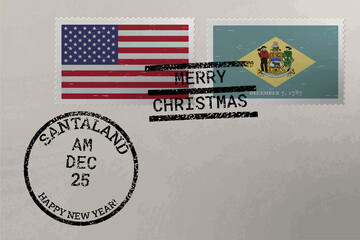 Postage stamp envelope with Delaware and US flag, Christmas and New Year stamps, vector