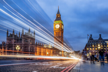 Fototapete - Big Ben with bridge in the evening, London, England, United Kingdom