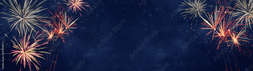 Silvester background banner panorama long- Colorful firework on rustic dark blue night sky texture - obrazy, fototapety, plakaty 