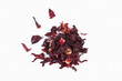 Hibiscus tea dried flowers heap on white background. Vitamin, recipe, beverage concept. Top view, flat lay, copy space
