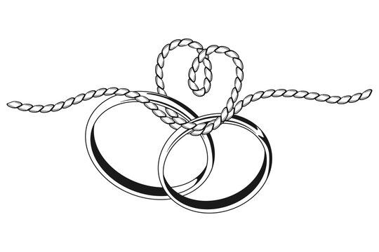 Tying the knot wedding vector black silhouette with two ring and rope isolated on a white background.