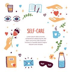 self care template, isolated vector icons and text. love yourself, relax concept. diary, letter, sle