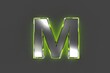 © Dancing Man - Grey metalline font with green shine glass made outline - letter M isolated on grey background, 3D illustration of symbols