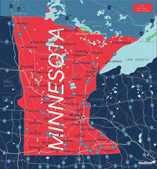 Poster - Minnesota state detailed editable map with cities and towns, geographic sites, roads, railways, interstates and U.S. highways. Vector EPS-10 file, trending color scheme