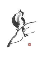 Japanese Style Sumi-e Painting With Singing Bird On A Branch.