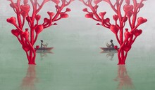 Love And Romance Concept Artwork, Imagination Of Surreal Painting Man And Woman On A Boat With Tree Of Heart, Fantasy Art
