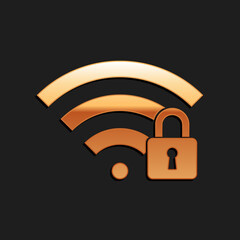 Wall Mural - Gold Wifi locked icon isolated on black background. Password Wi-fi symbol. Wireless Network icon. Wifi zone. Long shadow style. Vector.