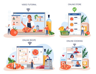 Wall Mural - pizza maker online service or platform set. chef cooking tasty delicious pizza.