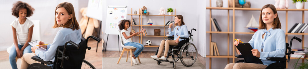 Wall Mural - Collage of psychologist counseling african american girl and looking at camera while sitting in wheelchair, banner