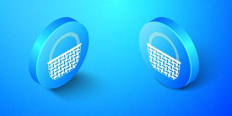  Isometric Shopping basket icon isolated on blue background. Online buying concept. Delivery service sign. Shopping cart symbol. Blue circle button. Vector.
