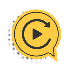 Black Video play button like simple replay icon isolated on white background. Yellow speech bubble symbol. Vector.