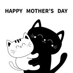 Happy Mothers day. Cat holding kitten. Hugging family. Hug, embrace, cuddle. Cute funny cartoon character. Greeting card. Black White contour kitty. Baby pet background. Flat design.