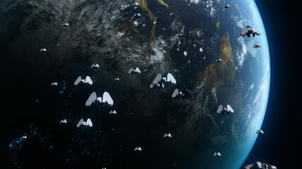 Wall Mural - many spaceships are approaching from space towards planet earth