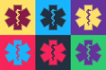 Wall Mural - Pop art Medical symbol of the Emergency - Star of Life icon isolated on color background. Vector.