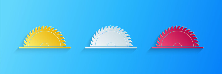 Paper cut Circular saw blade icon isolated on blue background. Saw wheel. Paper art style. Vector.