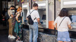 © guruXOX - Line to ATM. Group of people waiting to withdraw money to bank card using ATM cash machine. Bank service. Finance, transactions, credit card, money withdraw, currency concept