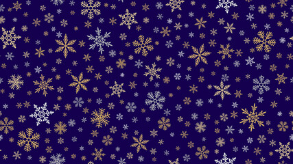 Golden snowflakes background. Luxury vector Christmas seamless pattern with small gold and silver snow flakes on dark blue backdrop. Winter holidays design for decor, wallpapers, wrapping, website