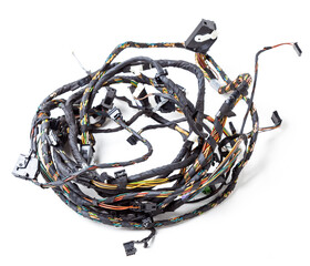 Canvas Print - A cable of matted wires of different colors with connectors in the electrical wiring of the car. Internet line in the work of the provider.