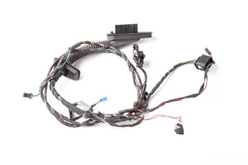 Poster - A cable of matted wires of different colors with connectors in the electrical wiring of the car. Internet line in the work of the provider.