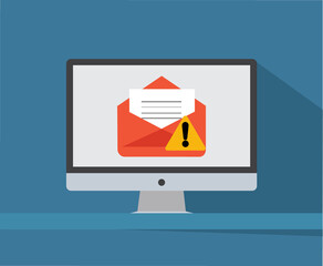 spam email on desktop computer with warning symbol vector illustration, fake email concept 