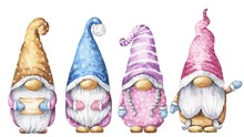 Christmas Gnomes Watercolor Set On White Background. Winter Season Watercolour Illustration.
