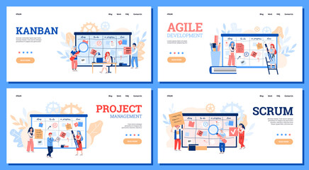 Set of website banners for scrum, agile and kanban method technology of development and workflow management, cartoon vector illustration. Business methodology for project.