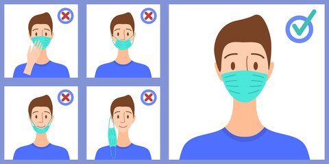 Canvas Print - Cartoon Color Character Person Male and How Use Masks Concept. Vector