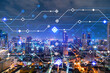 © VideoFlow - Information flow hologram, night panorama city view of Bangkok. The largest technological center in Asia. The concept of programming science. Double exposure.